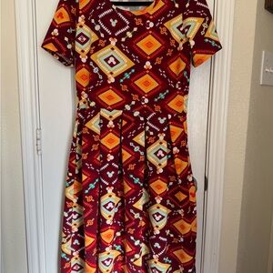 LuLaRoe Burgundy and Yellow Geometric Disney Dress